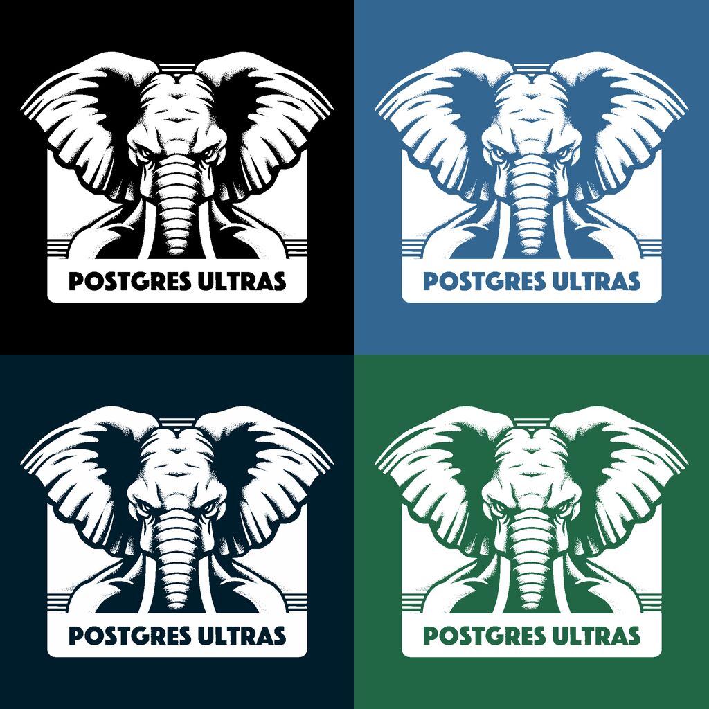Postgres Ultras fan shirt design featuring a muscular elephant framed from head to shoulders, with the text "POSTGRES ULTRAS" below it.
