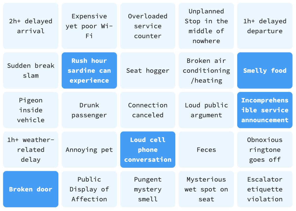 5x5 bingo card with phrases like "Drunk passenger", "Broken door", "Connection canceled" on it.
