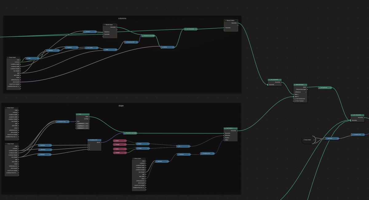 Screenshot of Blender's geometry nodes view showing a bunch of nodes connected with lines. Nothing particularly interesting here, just to illustrate how messy it can look.