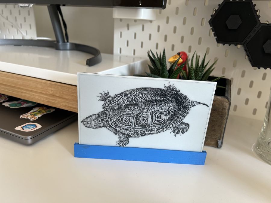 An e-ink display in a 3D-printed frame on a desk. It shows a turtle on the display.