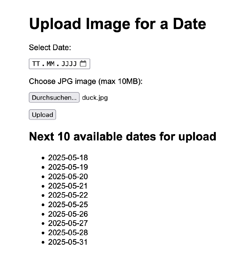 Screenshot of a website with a date and file input. Below that is a list of the next ten dates that don’t have an image yet.